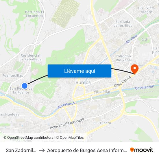 San Zadornil 14 to Aeropuerto de Burgos Aena Informacion map