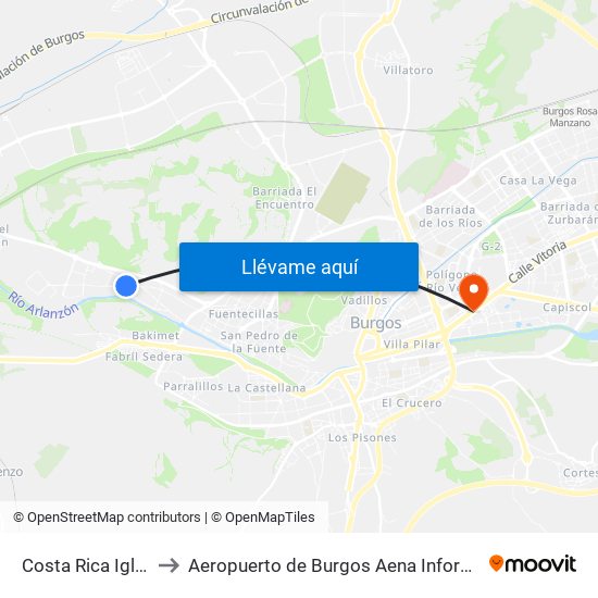 Costa Rica Iglesia to Aeropuerto de Burgos Aena Informacion map