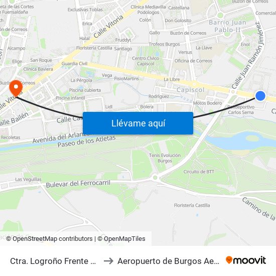 Ctra. Logroño Frente Polideportivo to Aeropuerto de Burgos Aena Informacion map