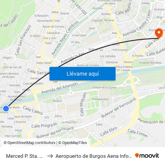 Merced P. Sta. María to Aeropuerto de Burgos Aena Informacion map