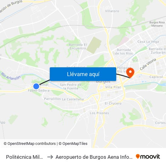 Politécnica Milanera to Aeropuerto de Burgos Aena Informacion map