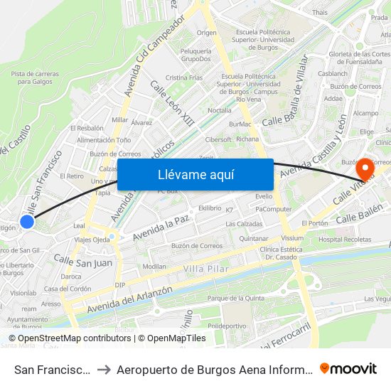 San Francisco 8 to Aeropuerto de Burgos Aena Informacion map
