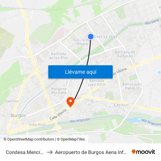 Condesa Mencía 150 to Aeropuerto de Burgos Aena Informacion map
