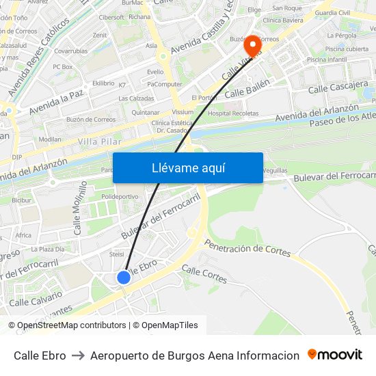 Calle Ebro to Aeropuerto de Burgos Aena Informacion map
