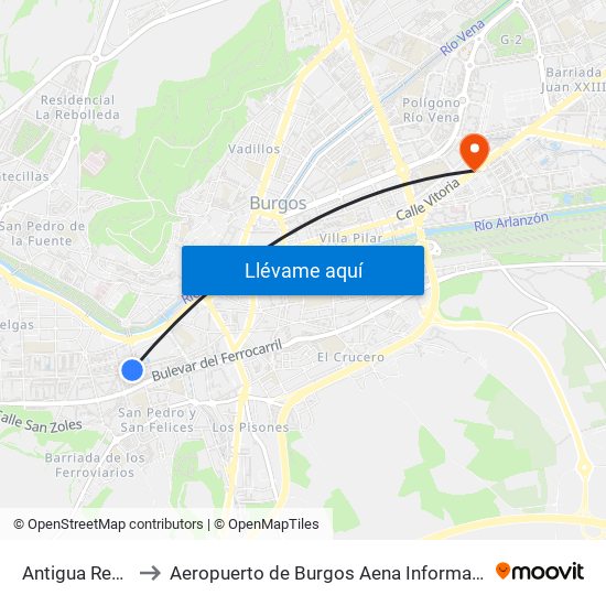 Antigua Renfe to Aeropuerto de Burgos Aena Informacion map