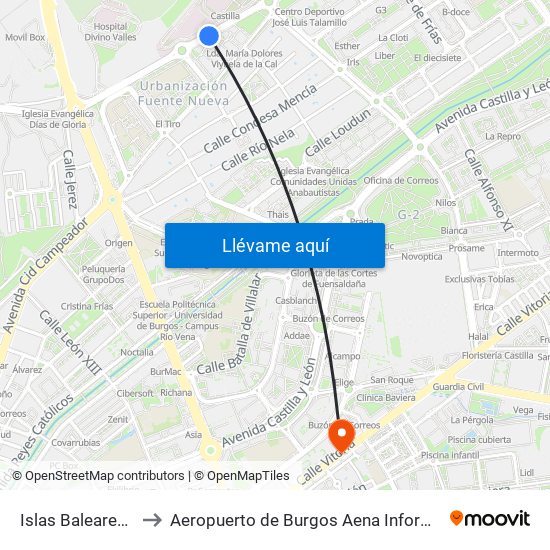 Islas Baleares 12 to Aeropuerto de Burgos Aena Informacion map