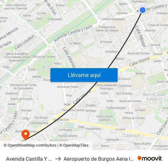 Avenida Castilla Y León 69 to Aeropuerto de Burgos Aena Informacion map