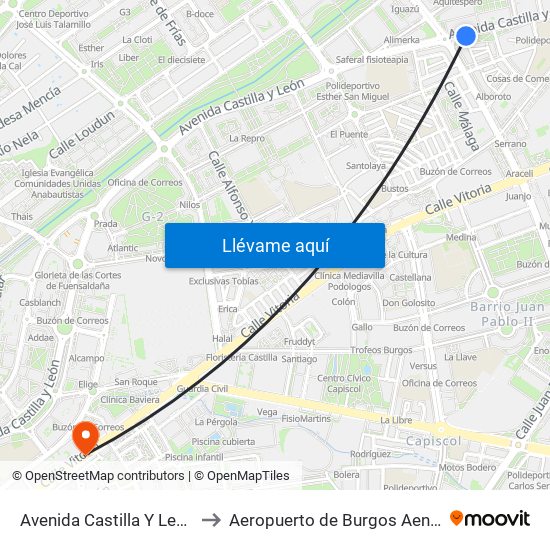 Avenida Castilla Y León Frente 69 to Aeropuerto de Burgos Aena Informacion map