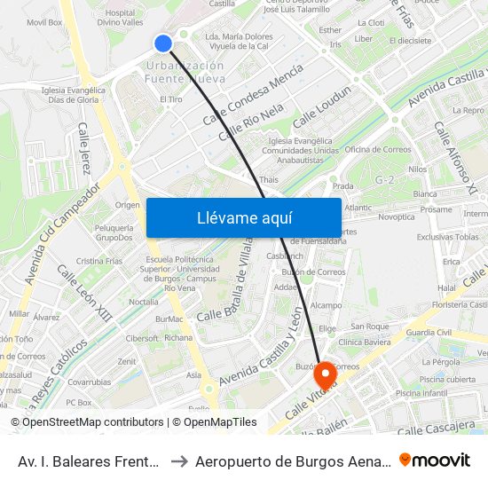 Av. I. Baleares Frente Maristas to Aeropuerto de Burgos Aena Informacion map