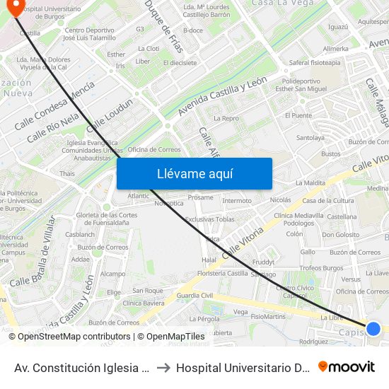 Av. Constitución Iglesia Capiscol to Hospital Universitario De Burgos map