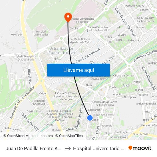 Juan De Padilla Frente Ambulatorio to Hospital Universitario De Burgos map
