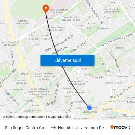 San Roque Centro Comercial to Hospital Universitario De Burgos map