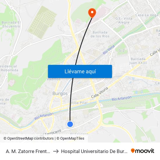 A. M. Zatorre Frente 7 to Hospital Universitario De Burgos map