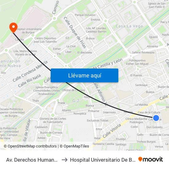 Av. Derechos Humanos 16 to Hospital Universitario De Burgos map