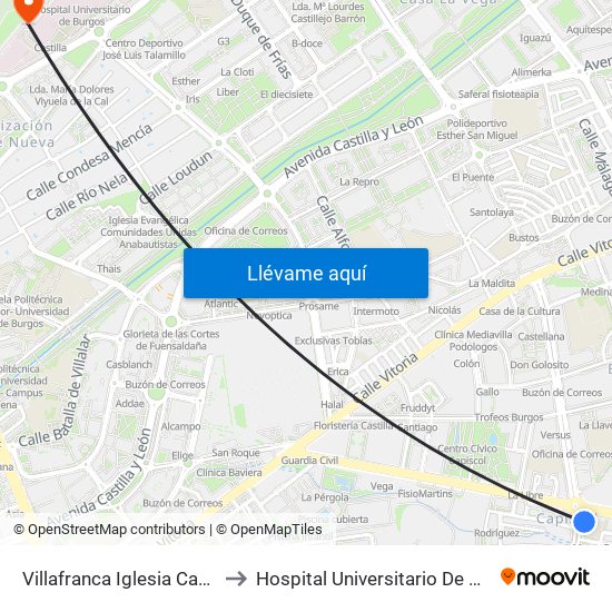Villafranca Iglesia Capiscol to Hospital Universitario De Burgos map