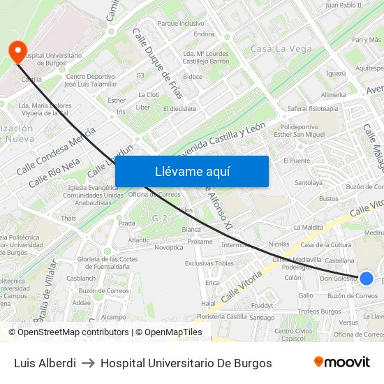 Luis Alberdi to Hospital Universitario De Burgos map