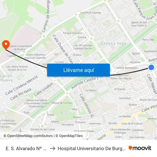 E. S. Alvarado Nº 20 to Hospital Universitario De Burgos map