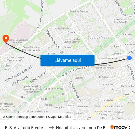 E. S. Alvarado Frente Al 20 to Hospital Universitario De Burgos map
