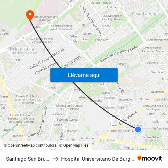 Santiago San Bruno to Hospital Universitario De Burgos map