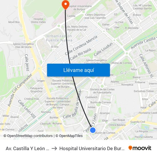 Av. Castilla Y León 18 to Hospital Universitario De Burgos map