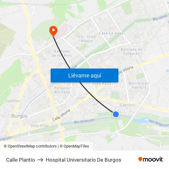 Calle Plantío to Hospital Universitario De Burgos map