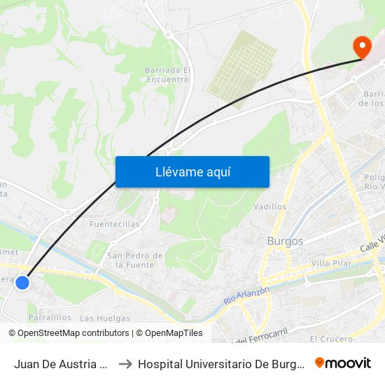 Juan De Austria 18 to Hospital Universitario De Burgos map