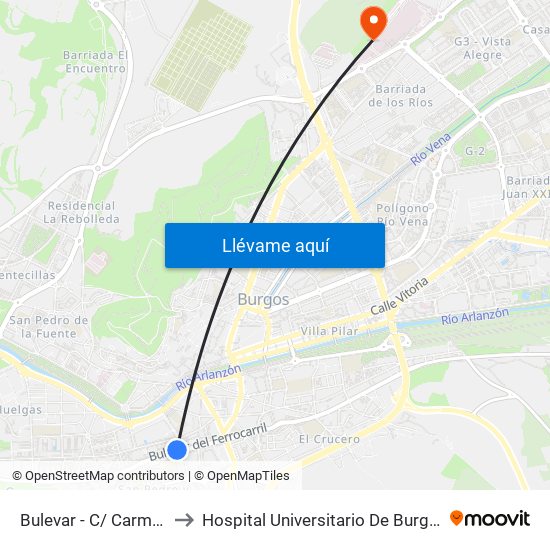 Bulevar - C/ Carmen to Hospital Universitario De Burgos map