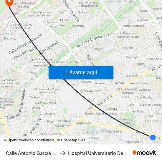 Calle Antonio García Martín to Hospital Universitario De Burgos map