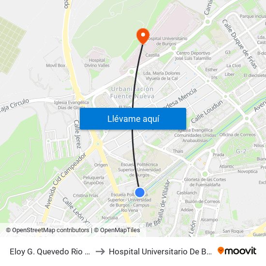 Eloy G. Quevedo Rio Vena to Hospital Universitario De Burgos map