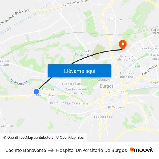 Jacinto Benavente to Hospital Universitario De Burgos map