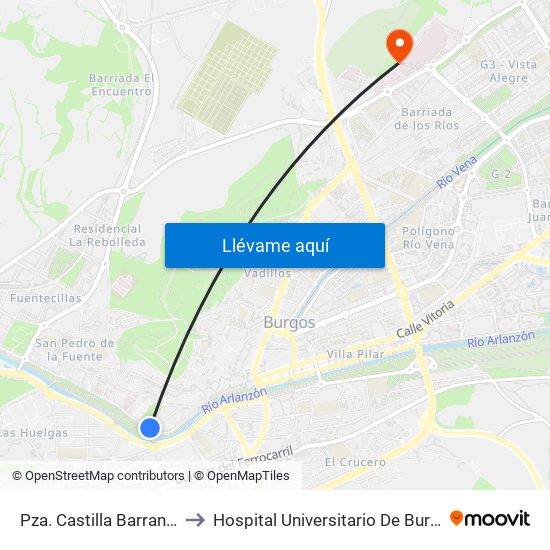 Pza. Castilla Barrantes to Hospital Universitario De Burgos map