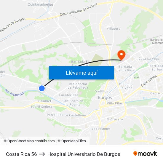 Costa Rica 56 to Hospital Universitario De Burgos map