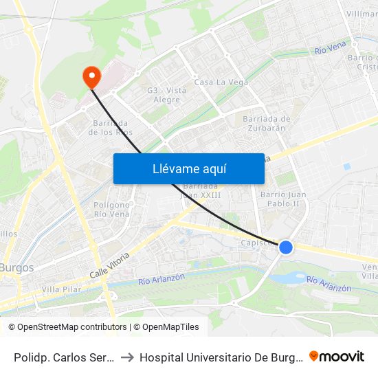 Polidp. Carlos Serna to Hospital Universitario De Burgos map