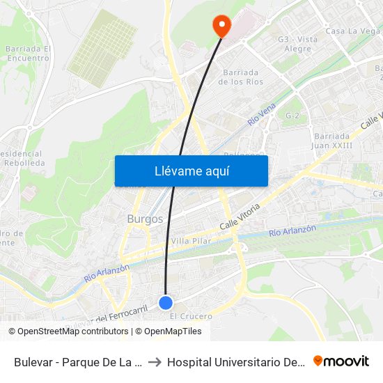 Bulevar - Parque De La Nevera to Hospital Universitario De Burgos map