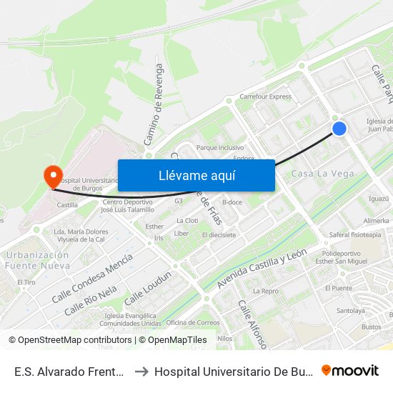 E.S.  Alvarado Frente 50 to Hospital Universitario De Burgos map