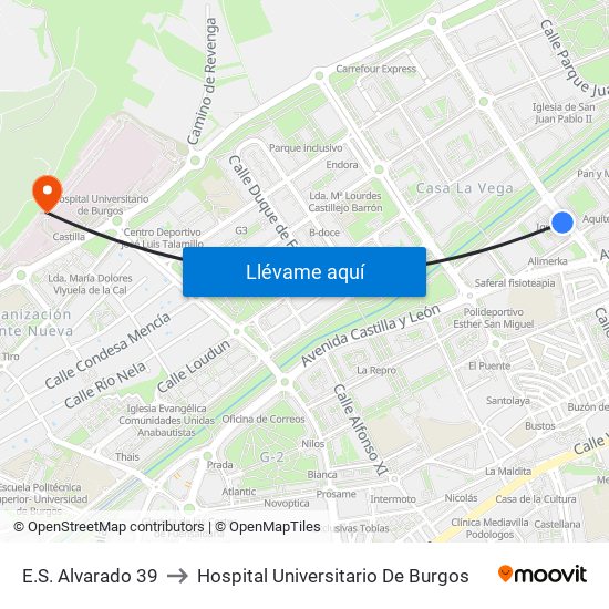 E.S. Alvarado 39 to Hospital Universitario De Burgos map