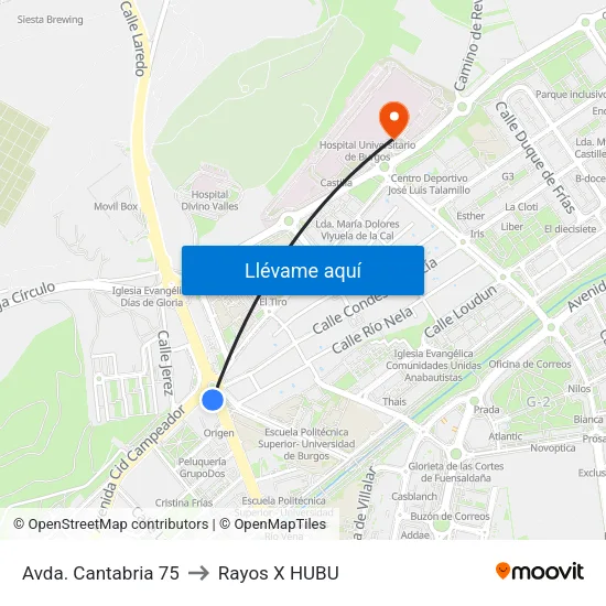 Avda. Cantabria 75 to Rayos X HUBU map