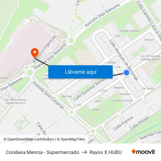 Condesa Mencía - Supermercado to Rayos X HUBU map
