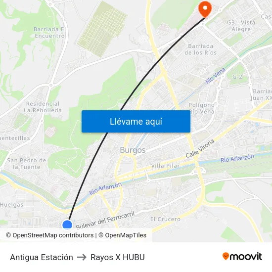 Antigua Estación to Rayos X HUBU map