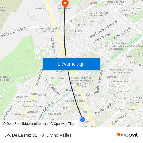 Av. De La Paz 32 to Divino Valles map