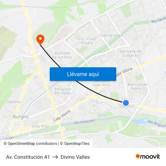 Av. Constitución 41 to Divino Valles map