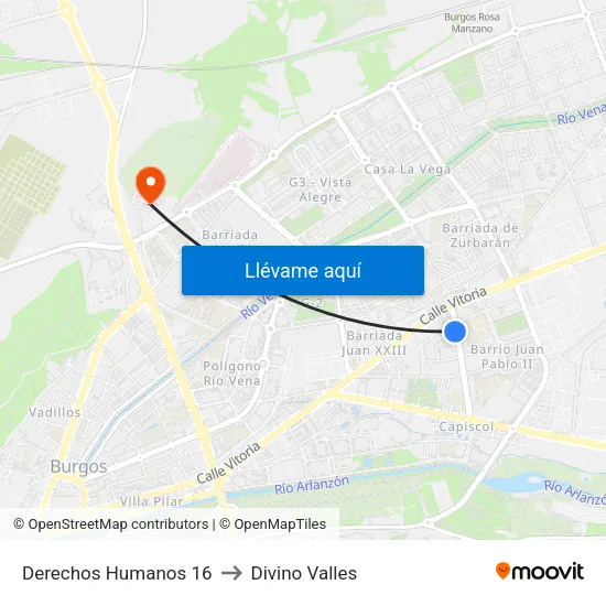 Derechos Humanos 16 to Divino Valles map