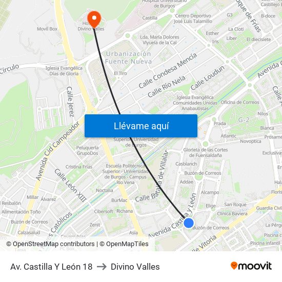 Av. Castilla Y León 18 to Divino Valles map