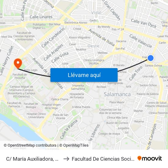 C/ María Auxiliadora, 1-11 to Facultad De Ciencias Sociales map