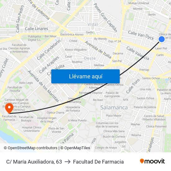 C/ María Auxiliadora, 63 to Facultad De Farmacia map