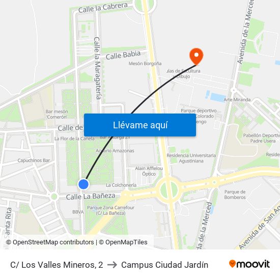 C/ Los Valles Mineros, 2 to Campus Ciudad Jardín map