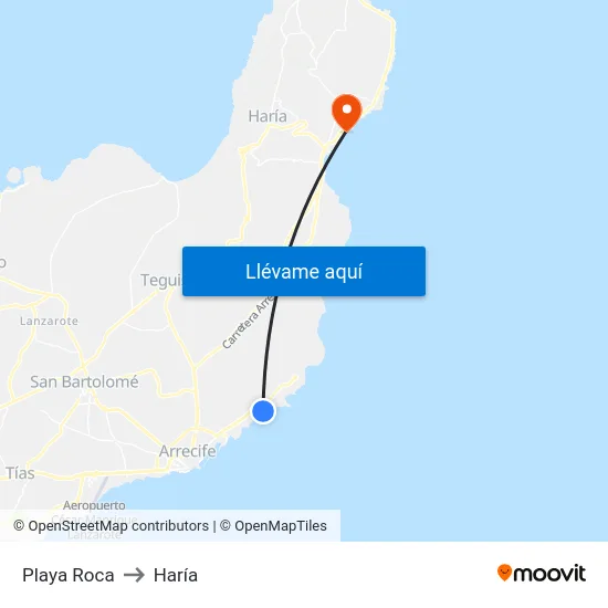 Playa Roca to Haría map