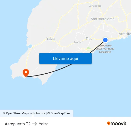 Aeropuerto T2 to Yaiza map