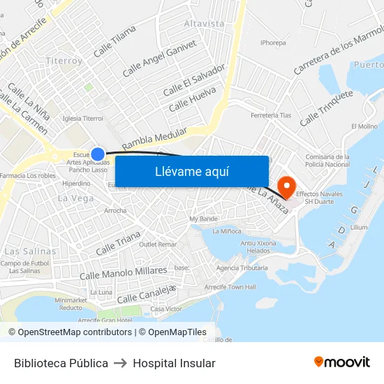 Biblioteca Pública to Hospital Insular map