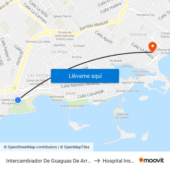 Intercambiador De Guaguas De Arrecife to Hospital Insular map